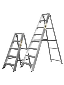 Two silver aluminium step ladders in different heights on white background.